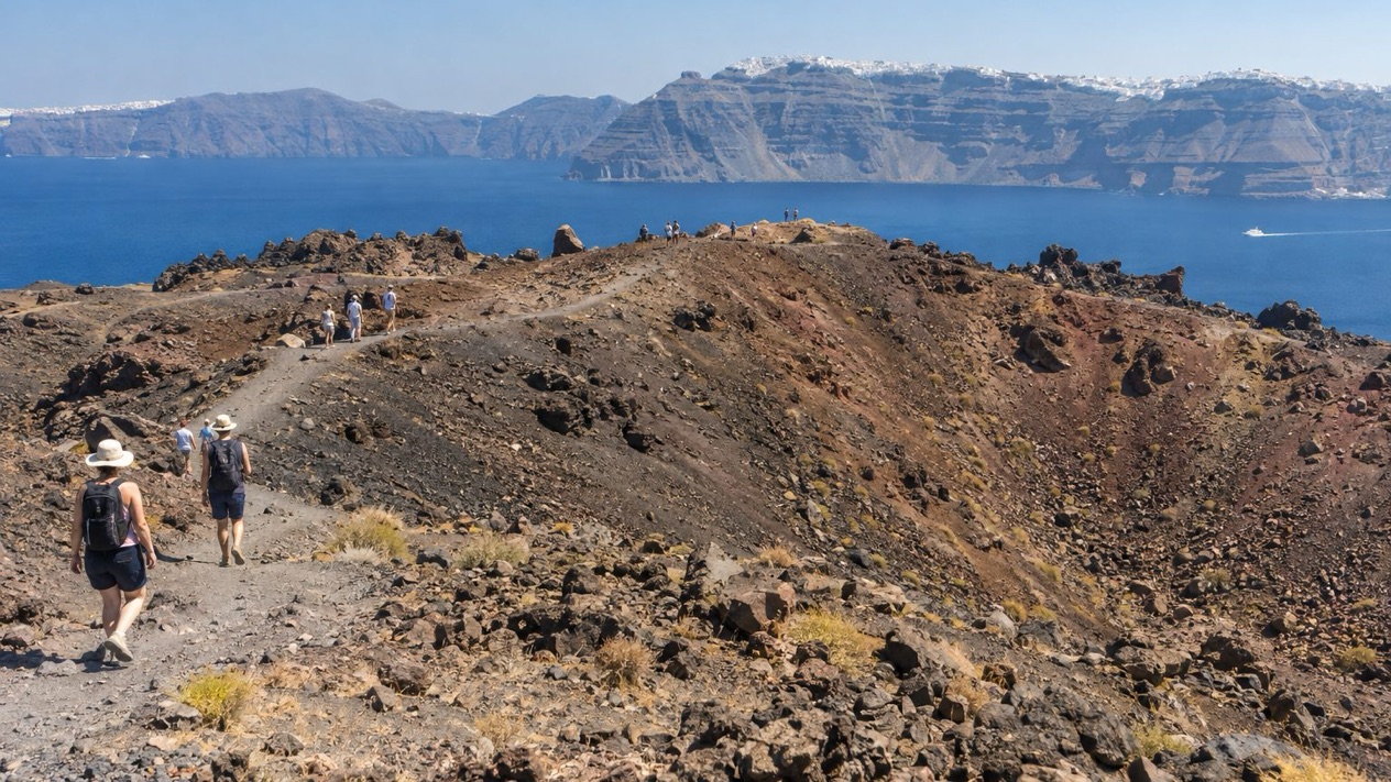 The Nea Kameni volcano, in the Santorini caldera, in summer