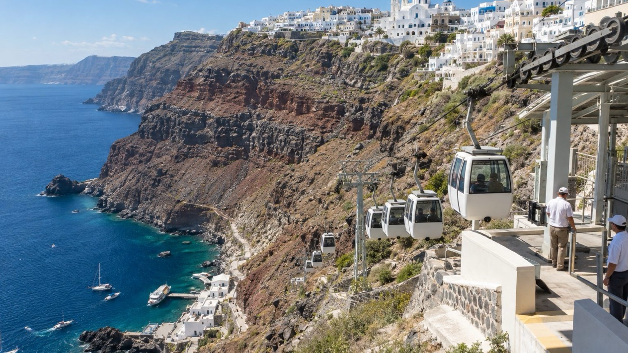 The Santorini cable car, on a spring afternoon