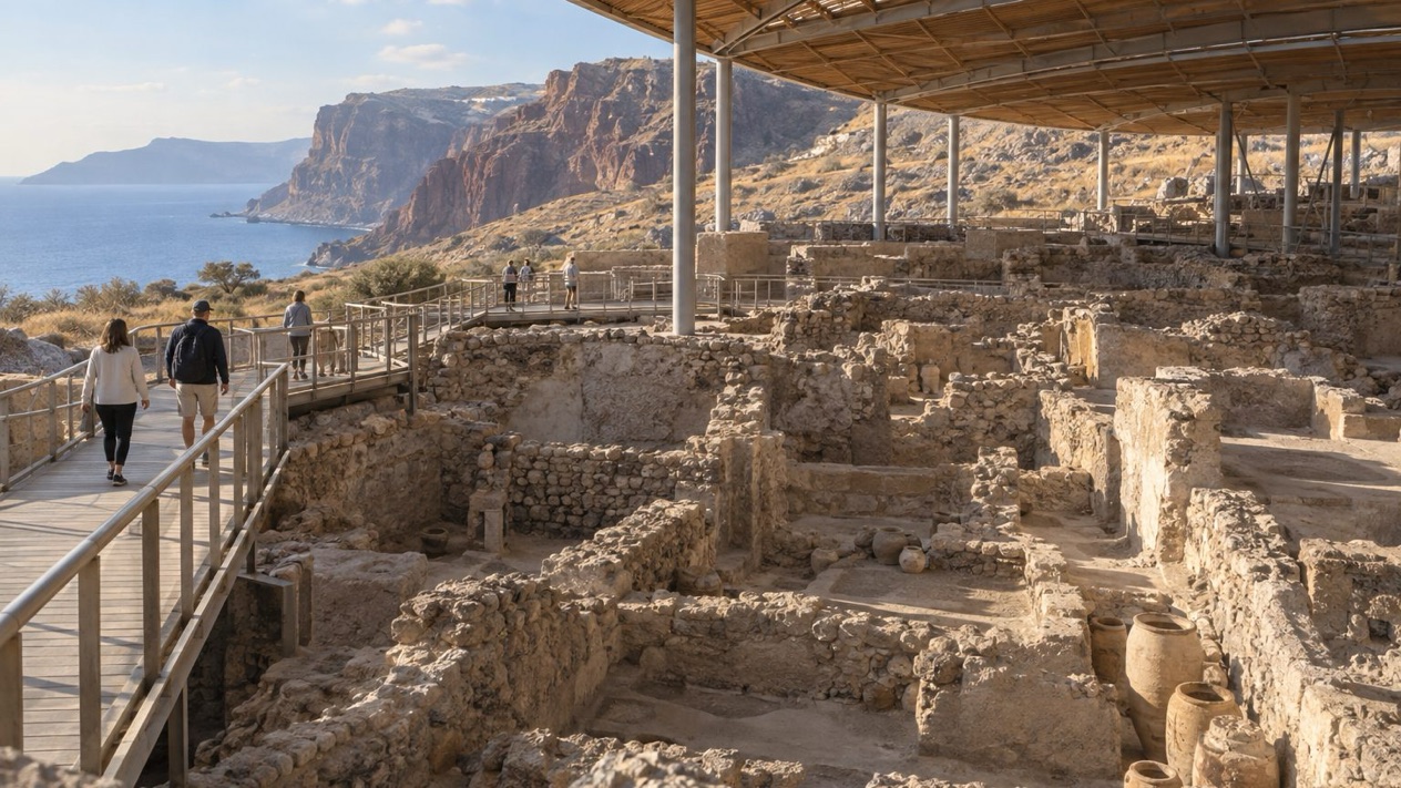 The archaeological site of Akrotiri, in Santorini, in mild autumn weather