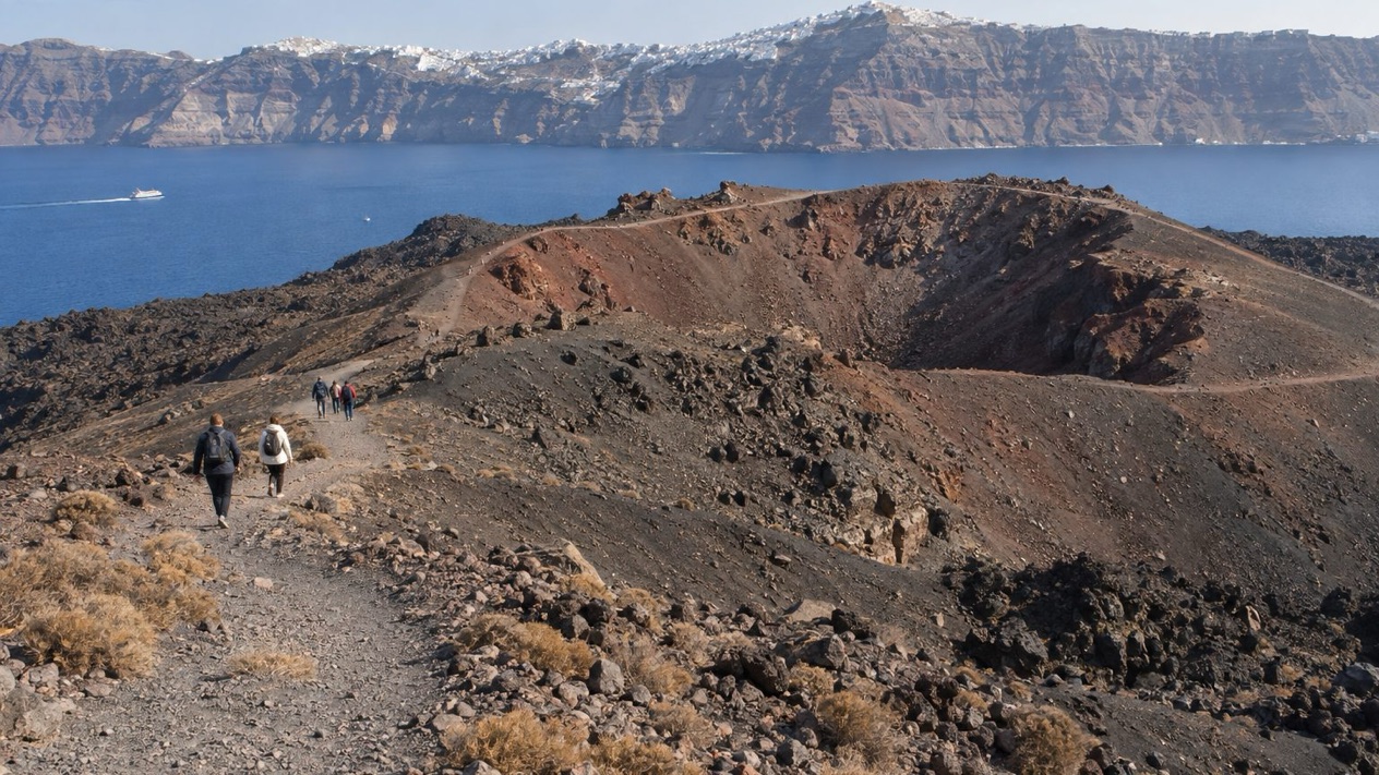 The Nea Kameni volcano, in the Santorini caldera, in autumn
