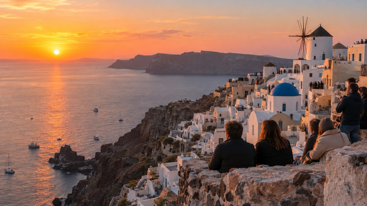 Sunset in Oia, on a winter evening