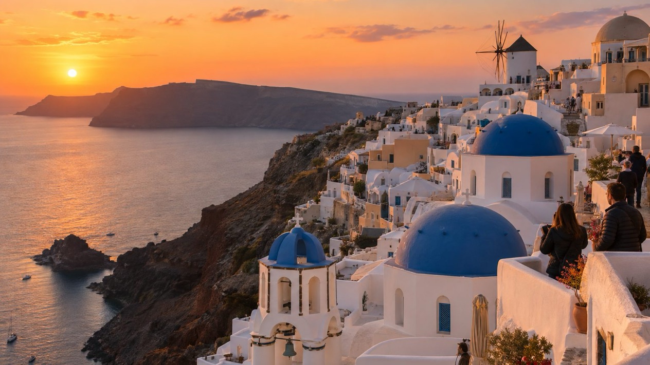 The village of Oia, in Santorini, on a mild autumn evening