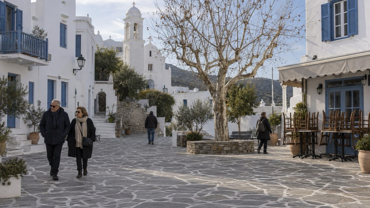 A square in Apollonia, on Sifnos, in winter
