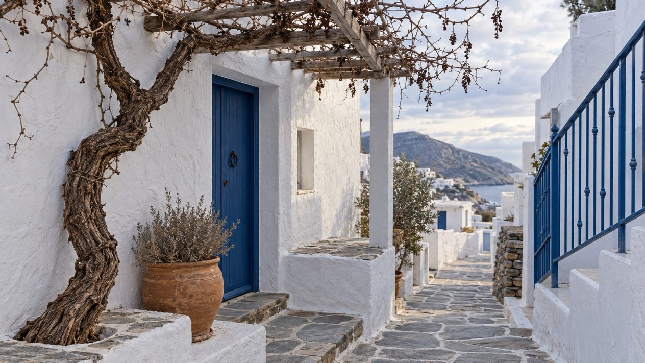 A white alley in Sifnos, in winter, under a bare vine