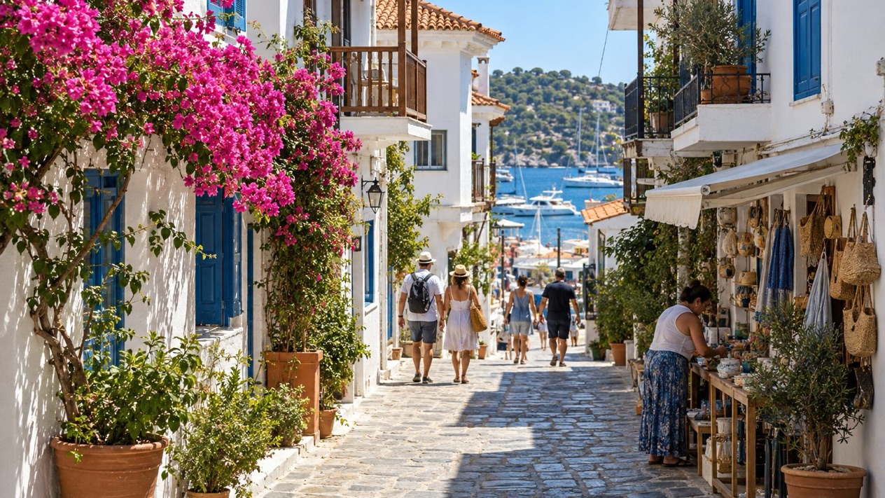 Lively alley in Skiathos town in summer
