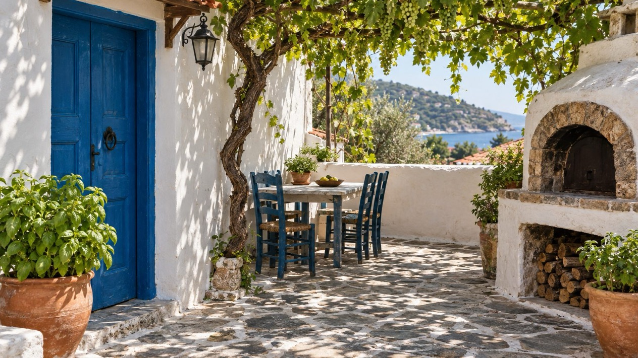 Inner courtyard in Skopelos, with its vine and oven, in summer