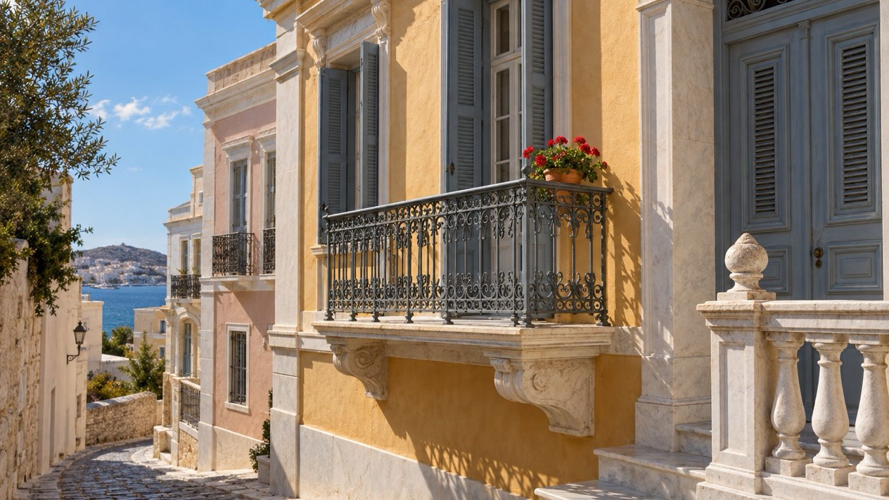 Pastel neoclassical facade in Vaporia, Syros, in summer