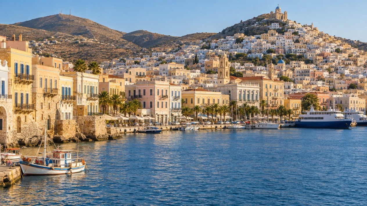 Ermoupoli, capital of Syros, panoramic view in summer