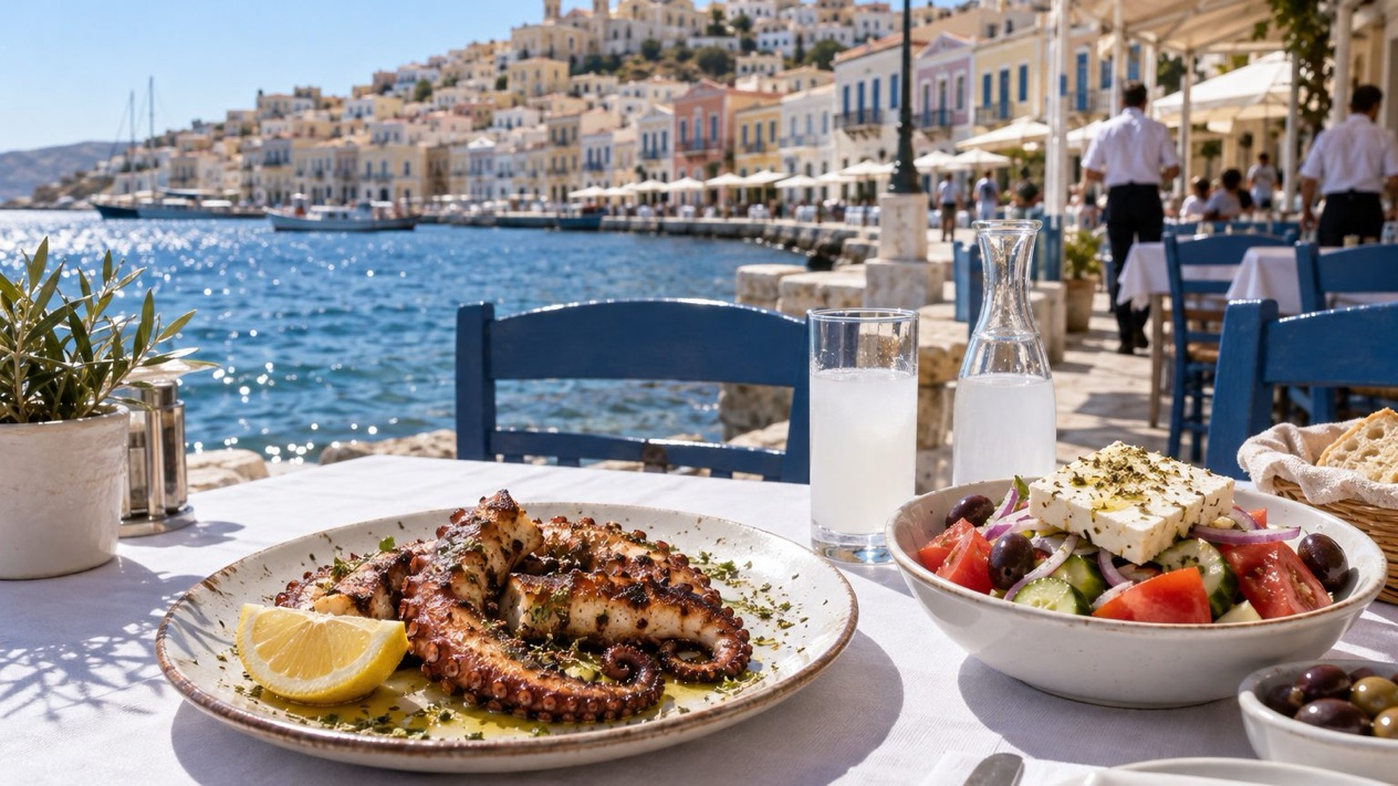 A grilled octopus on a terrace in Ermoupoli, in summer