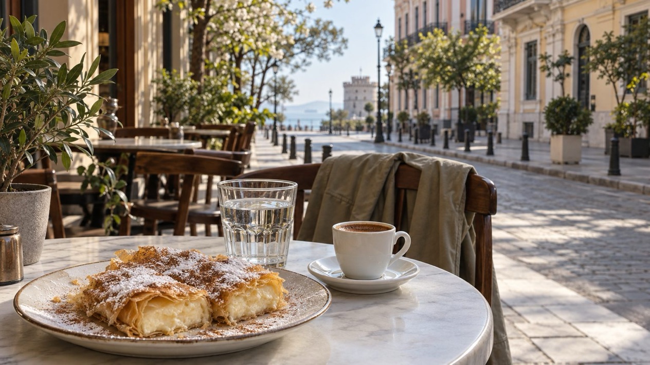 A bougatsa and Greek coffee on a terrace in Thessaloniki in spring