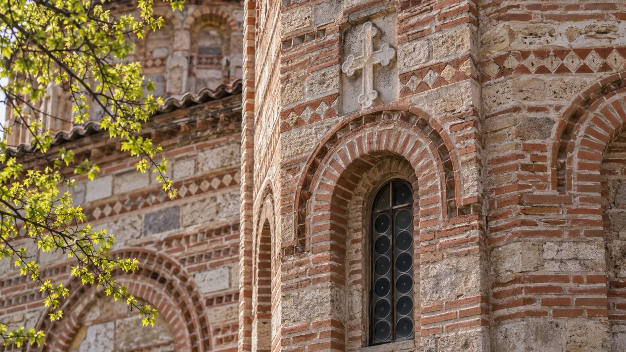 A brick detail of a Byzantine church in Thessaloniki in spring