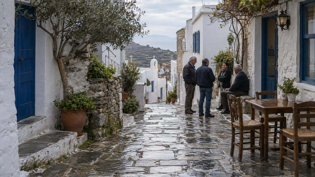 Street in Kardiani on Tinos in winter