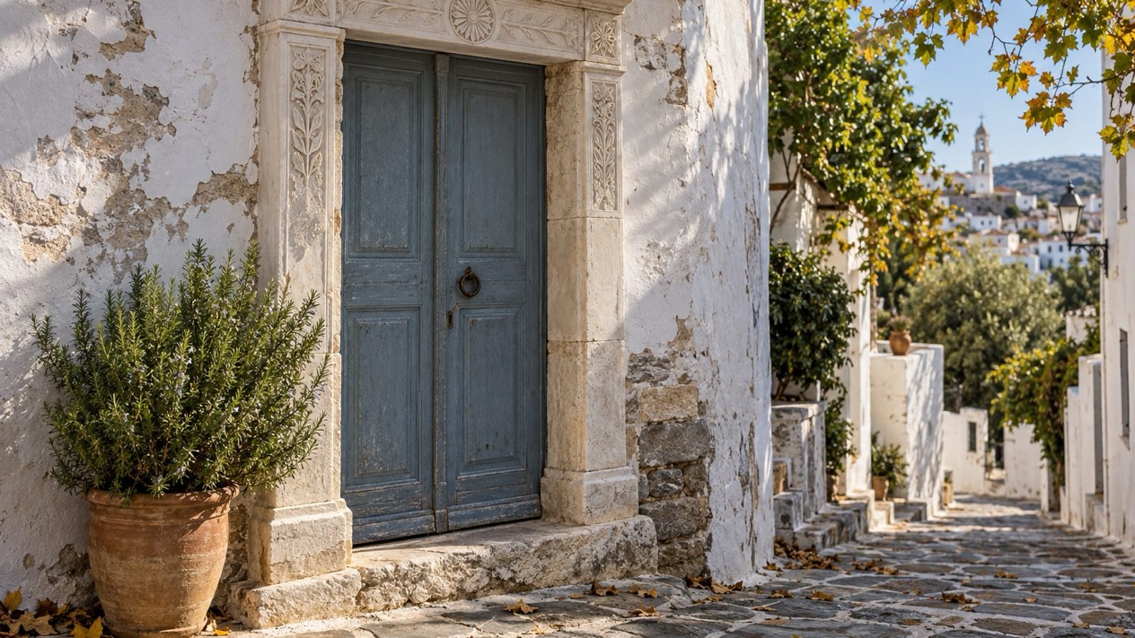 Marble doorway in Pyrgos on Tinos in autumn