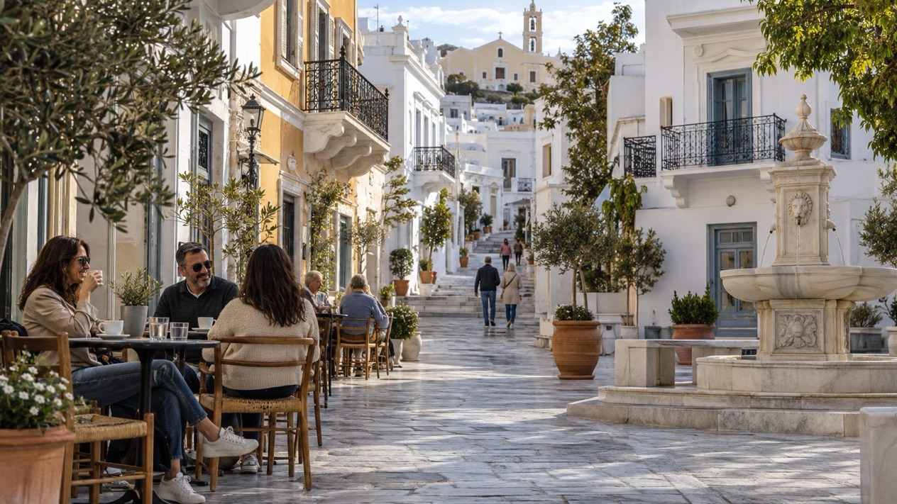 Street in Chora on Tinos in spring