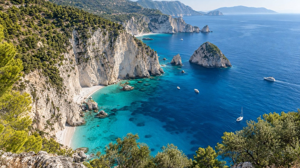 Overview of the island of Zante and its coast in summer