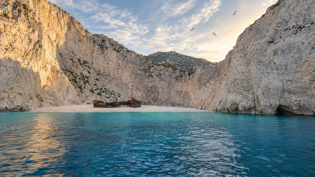 Wide view of Navagio Beach in winter