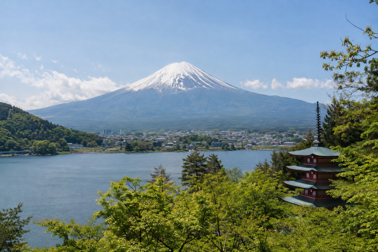 Mount Fuji and the Japanese countryside in spring