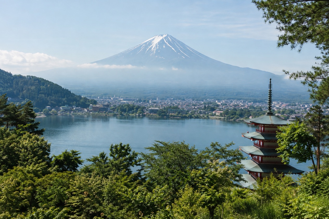 Mount Fuji and the Japanese countryside in summer