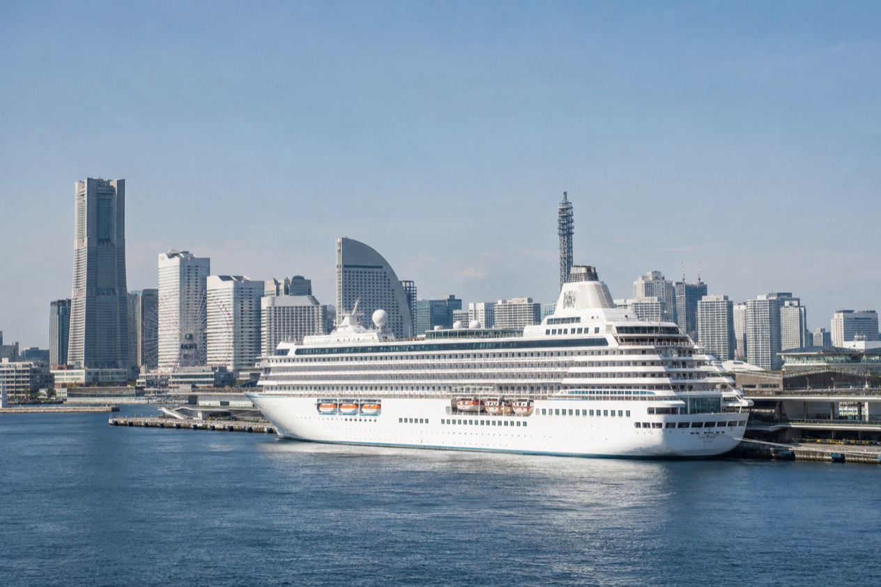 A cruise ship in a Japanese port