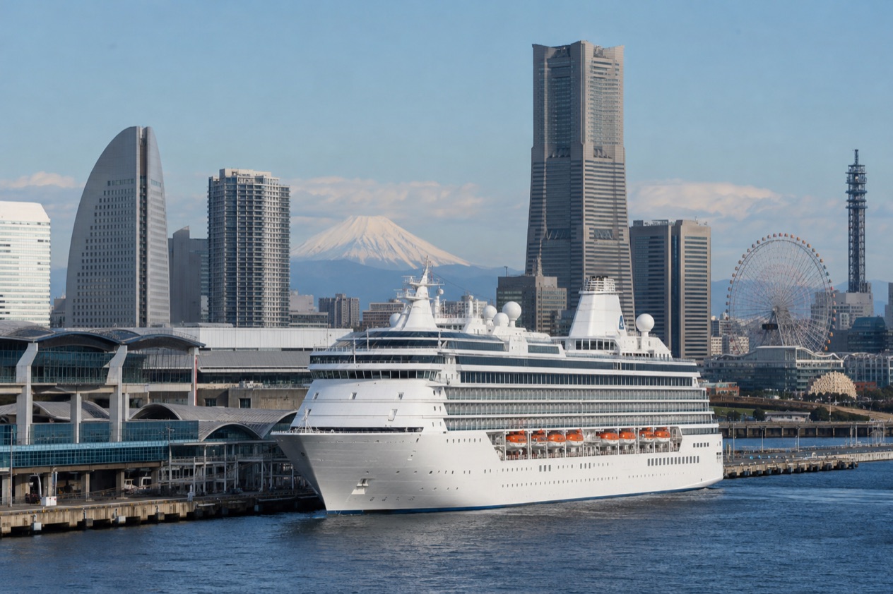 A cruise ship in a Japanese port