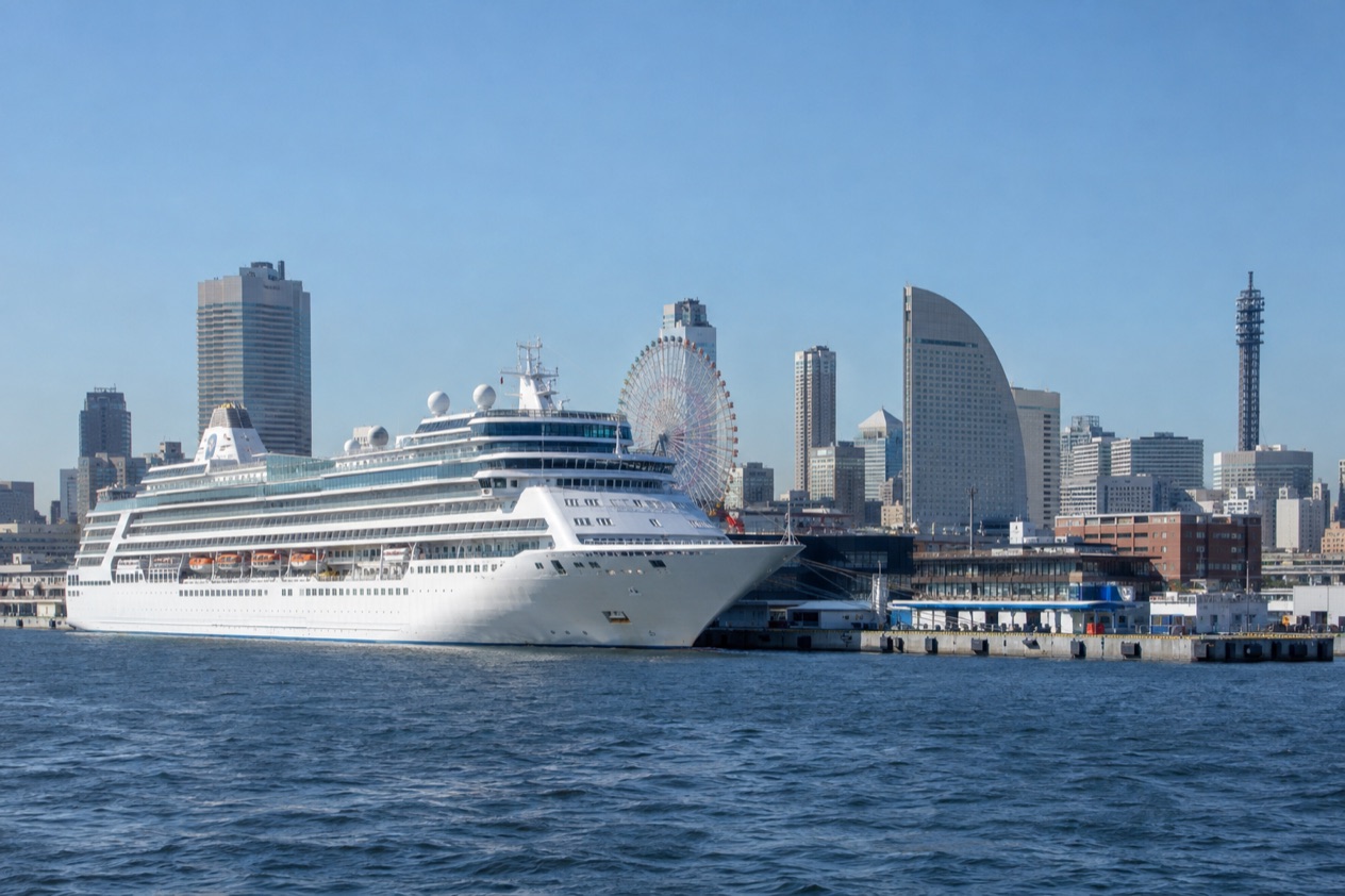 A cruise ship in a Japanese port