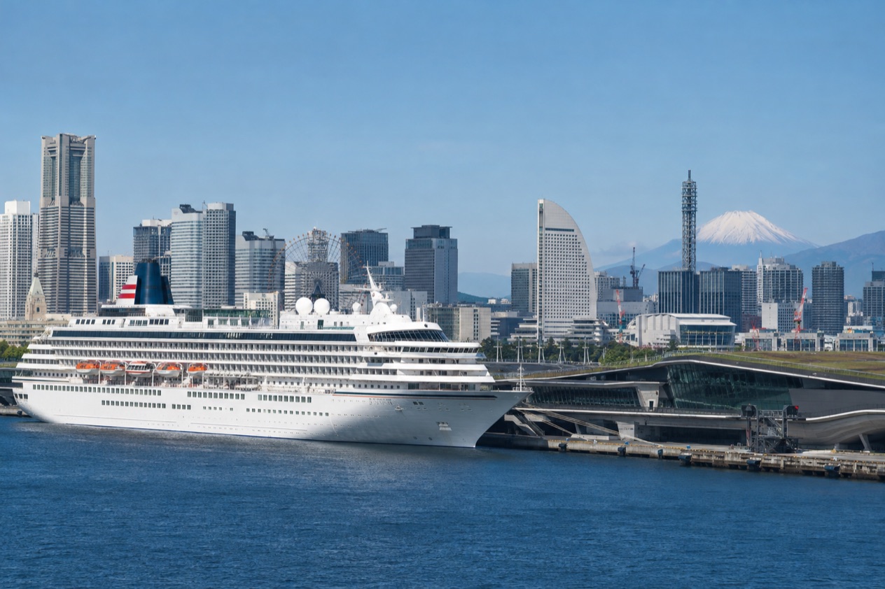 A cruise ship in a Japanese port