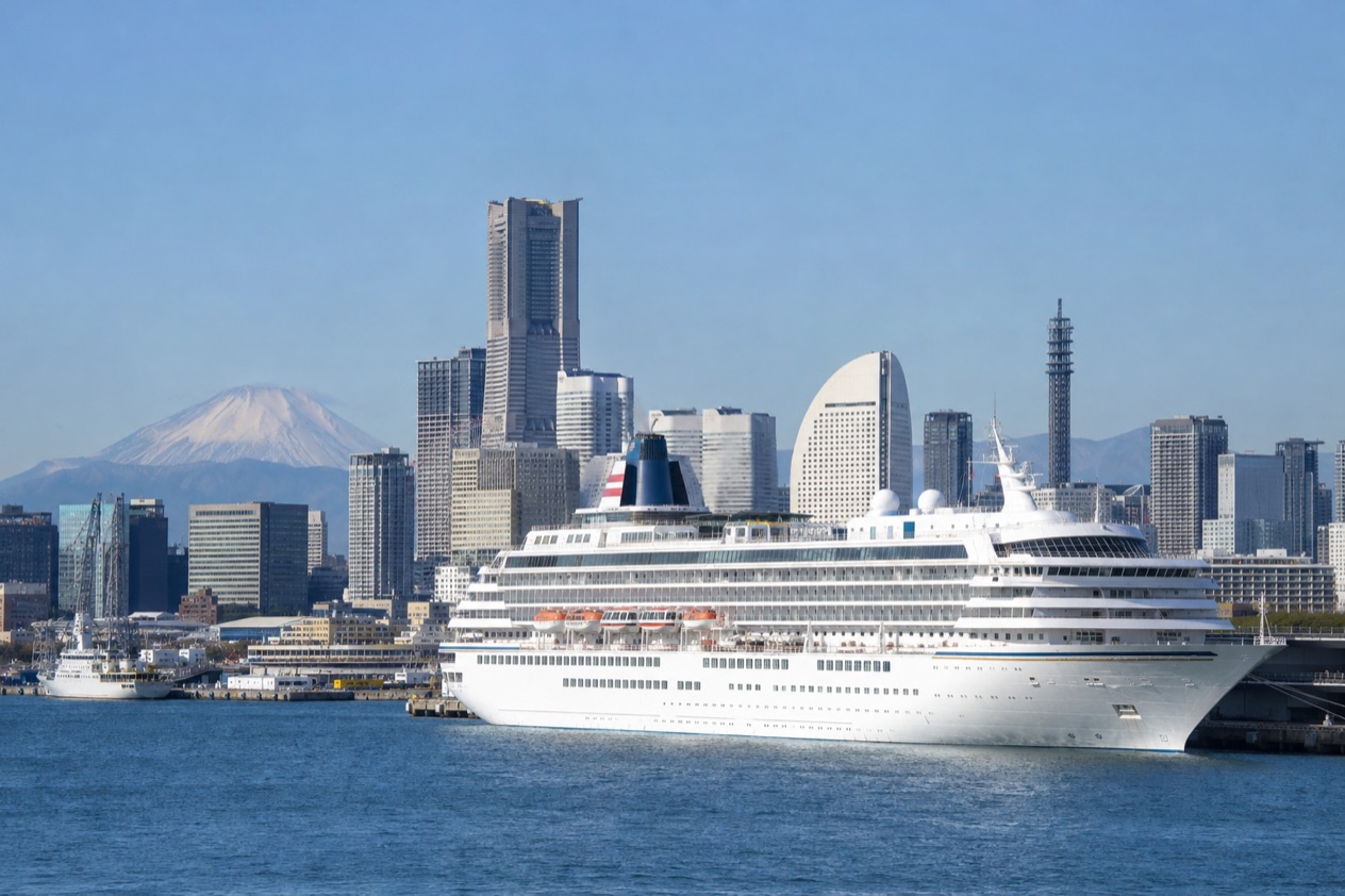A cruise ship in a Japanese port