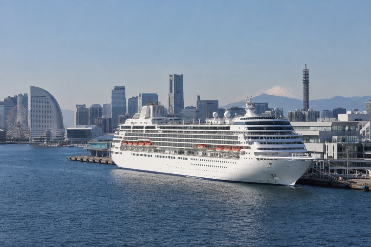 A cruise ship in a Japanese port
