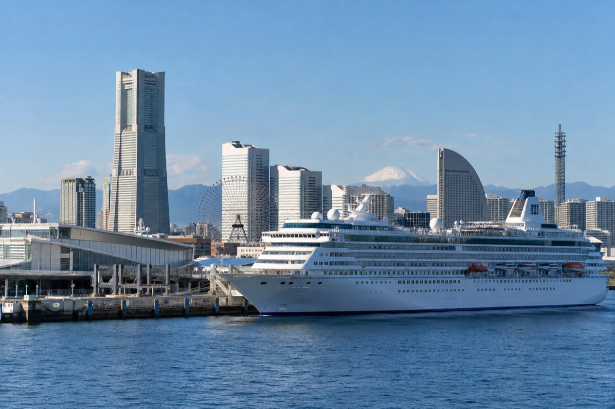 A cruise ship in a Japanese port