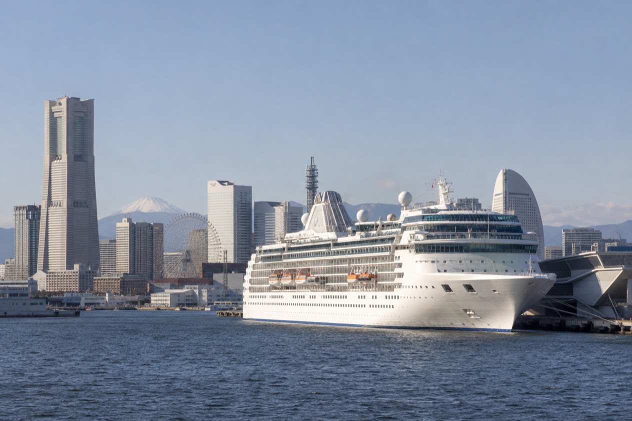 A cruise ship in a Japanese port