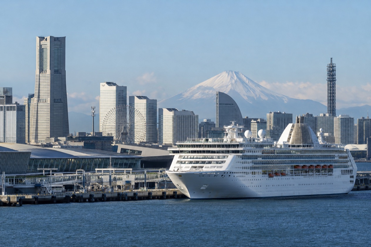 A cruise ship in a Japanese port