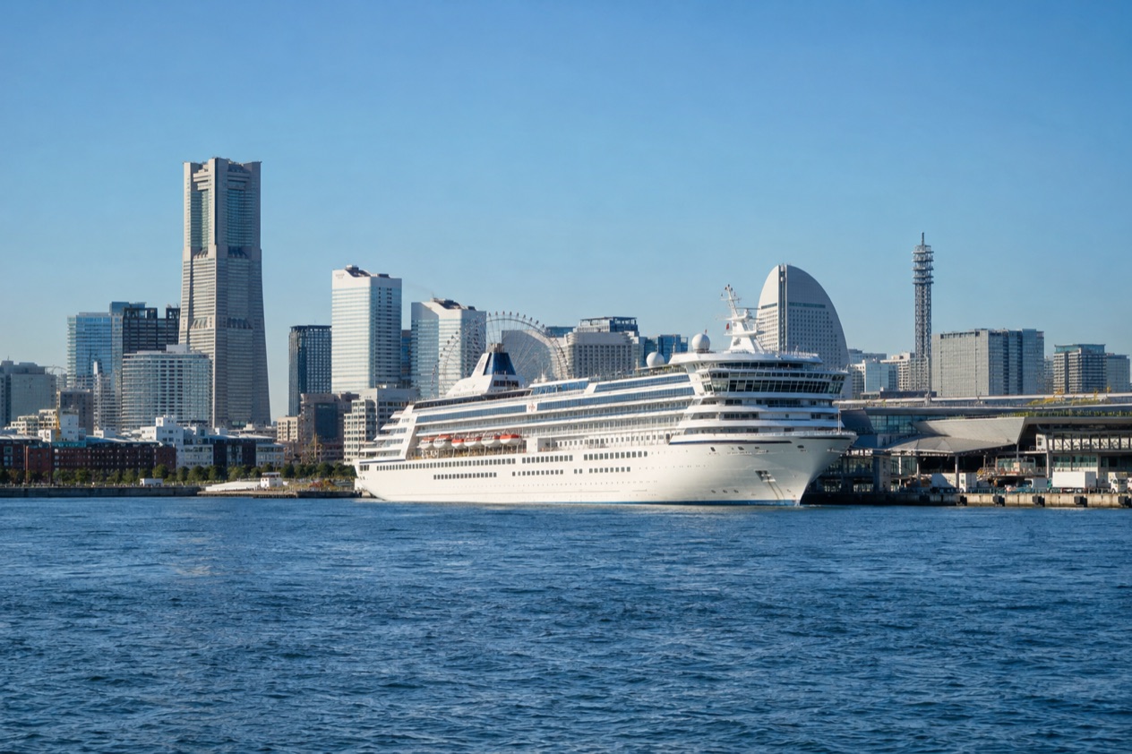 A cruise ship in a Japanese port