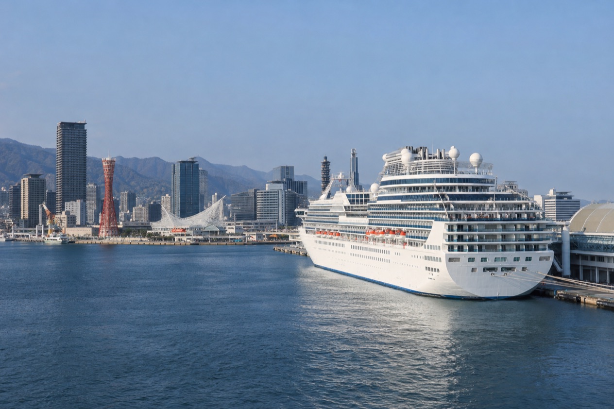 A cruise ship in a Japanese port