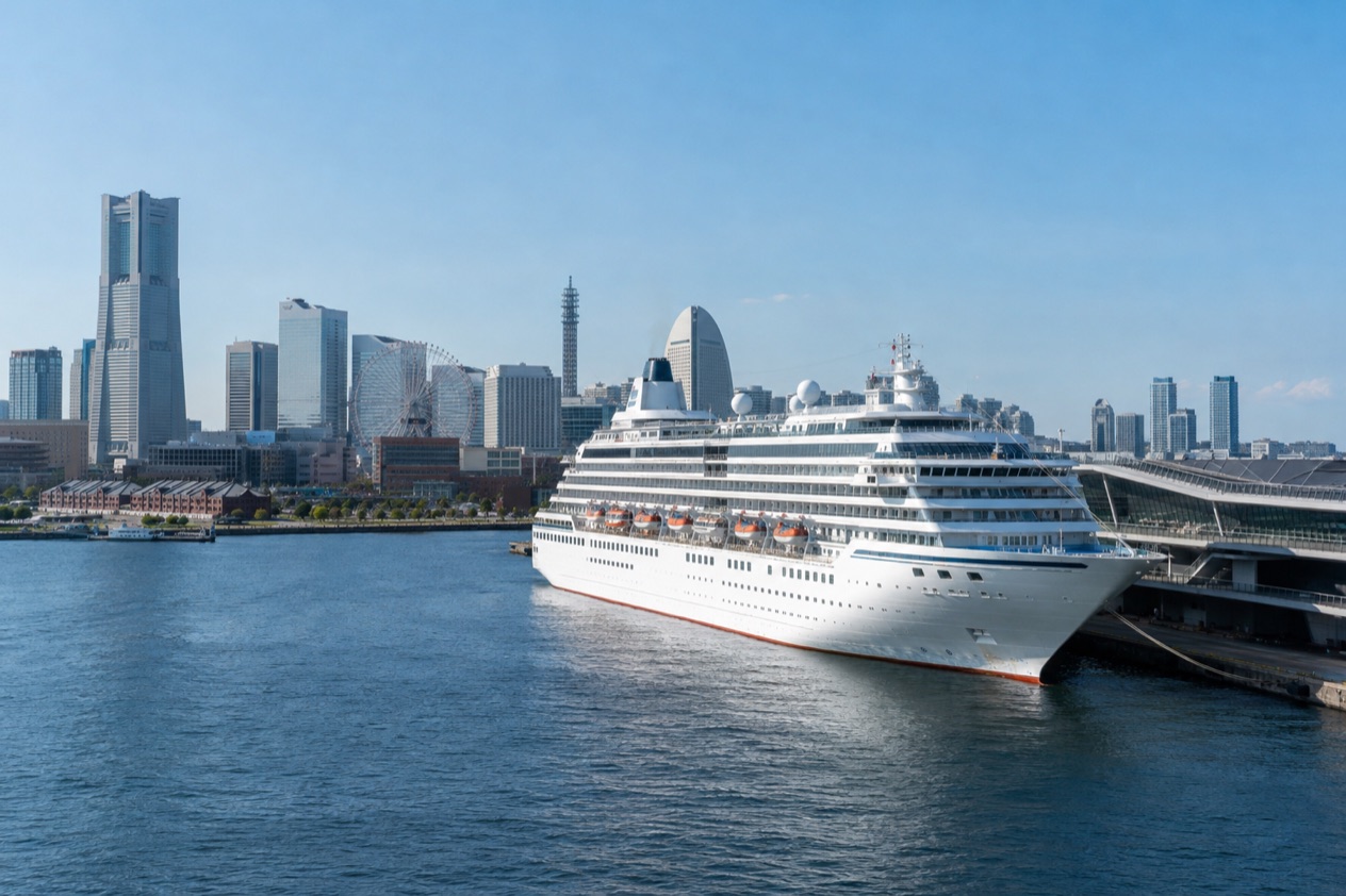 A cruise ship in a Japanese port