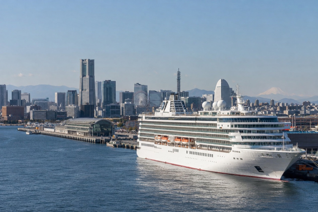 A cruise ship in a Japanese port