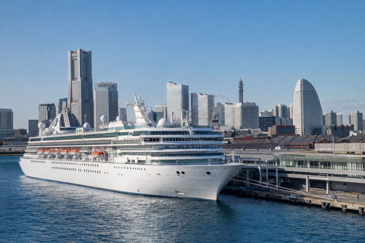A cruise ship in a Japanese port