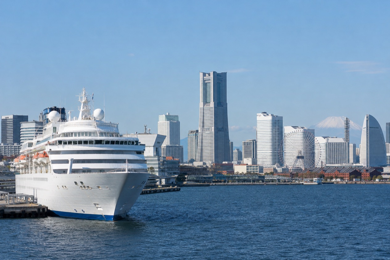A cruise ship in a Japanese port