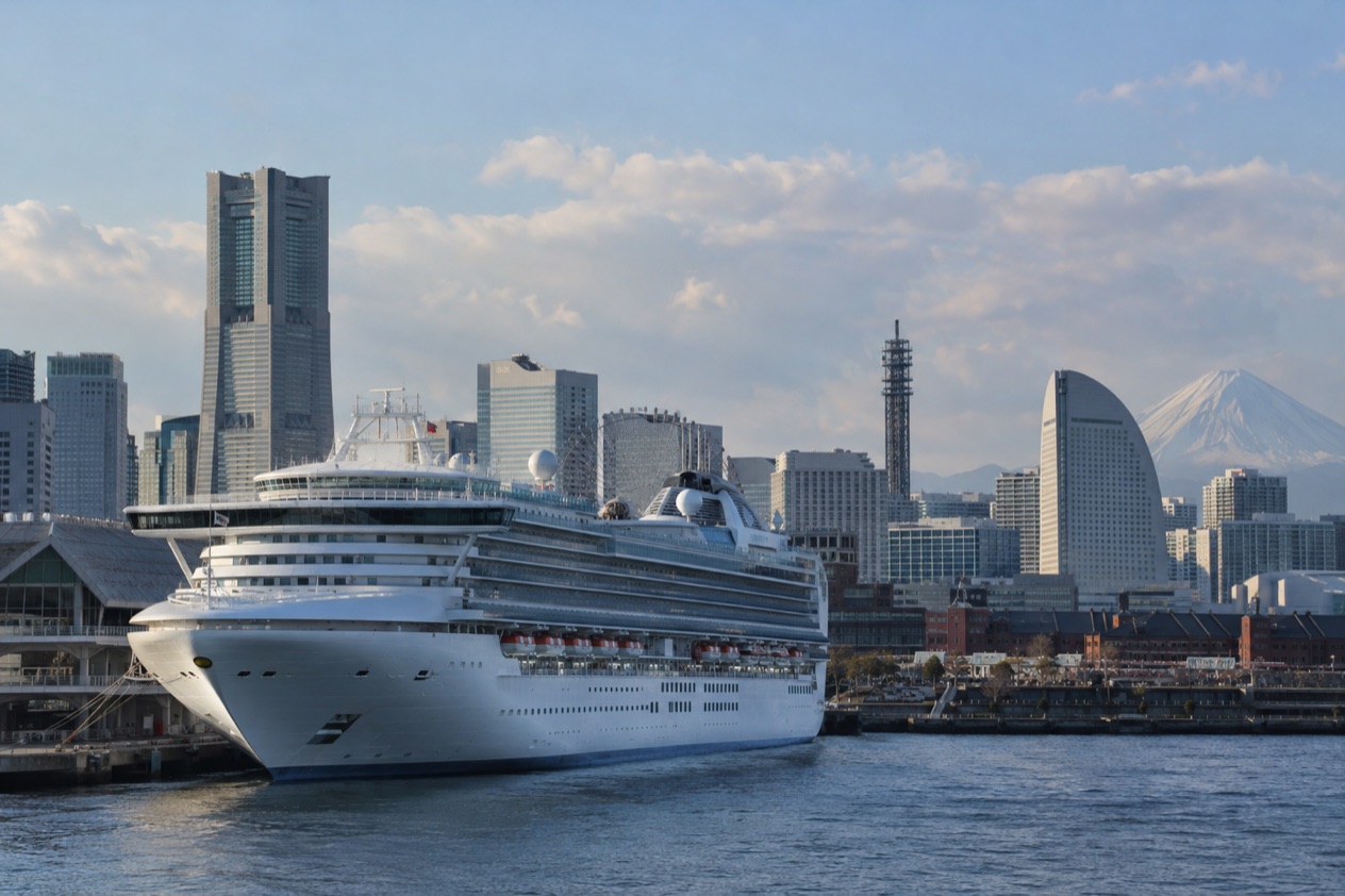 A cruise ship in a Japanese port