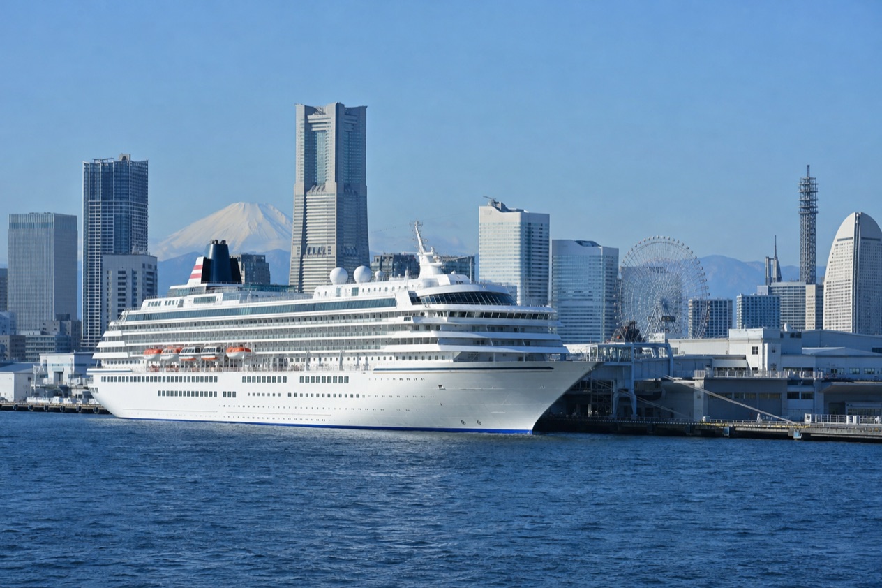 A cruise ship in a Japanese port