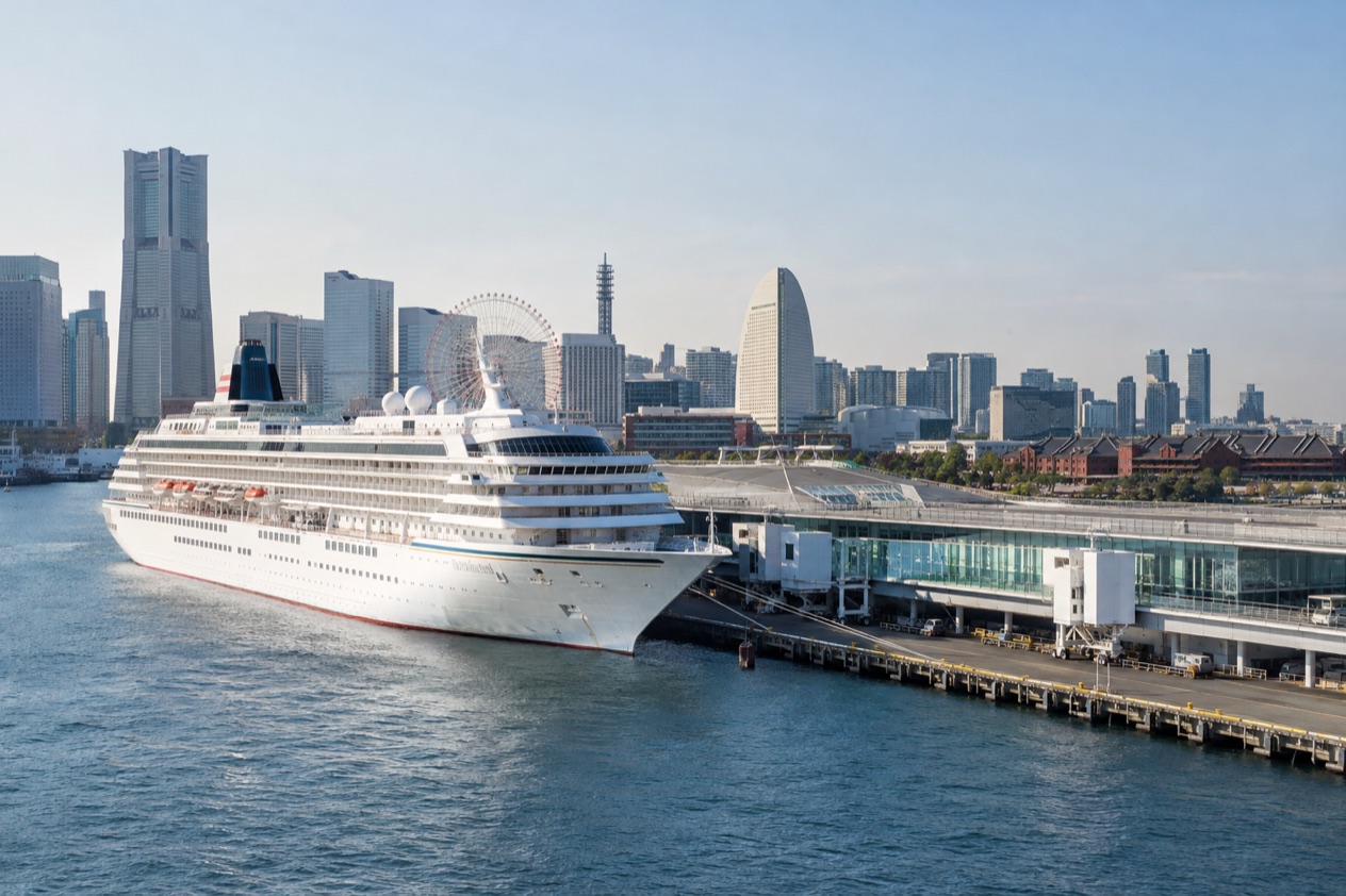 A cruise ship in a Japanese port