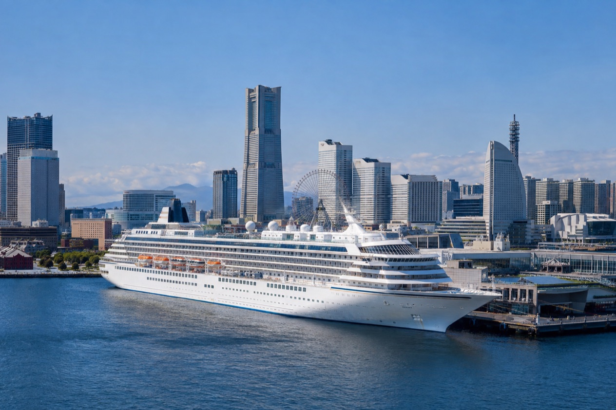 A cruise ship in a Japanese port