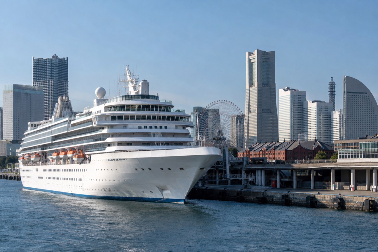 A cruise ship in a Japanese port