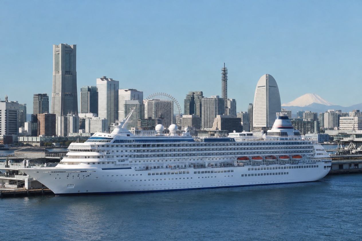 A cruise ship in a Japanese port