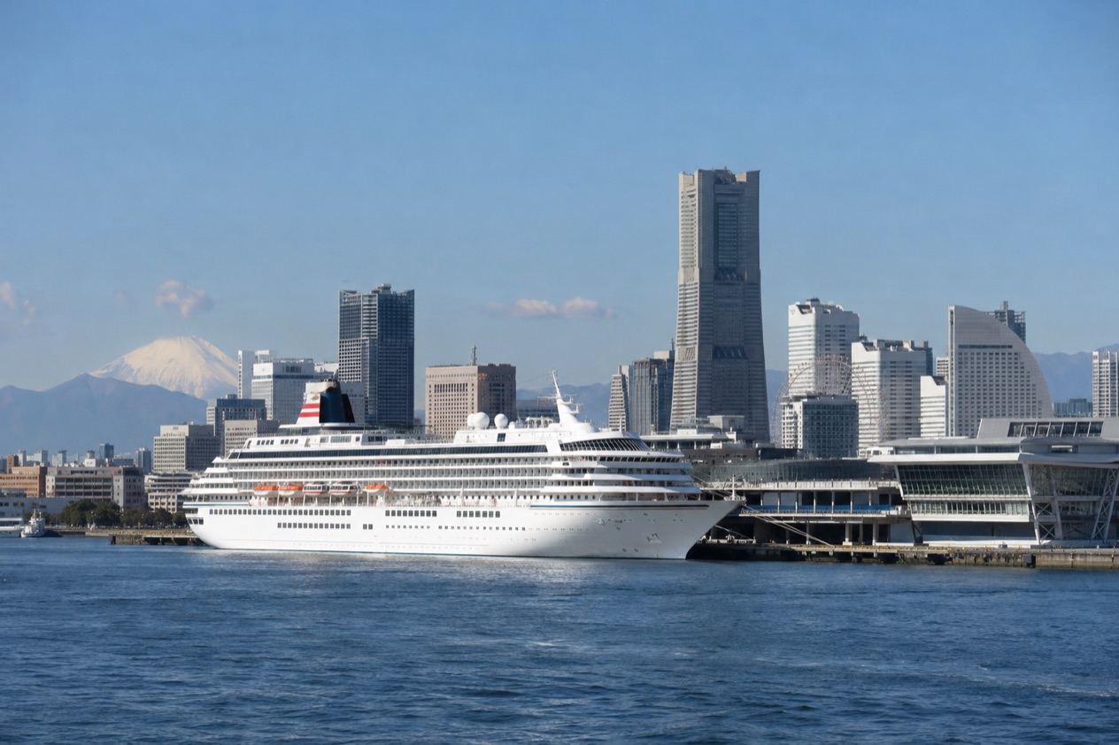 A cruise ship in a Japanese port