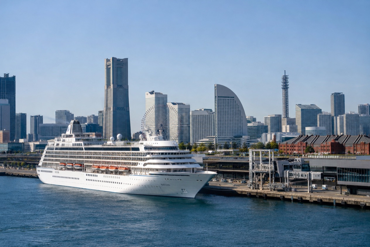 A cruise ship in a Japanese port