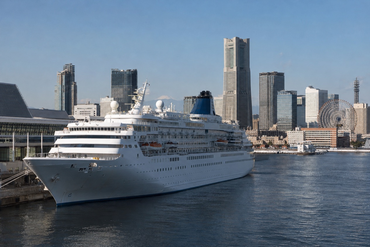 A cruise ship in a Japanese port