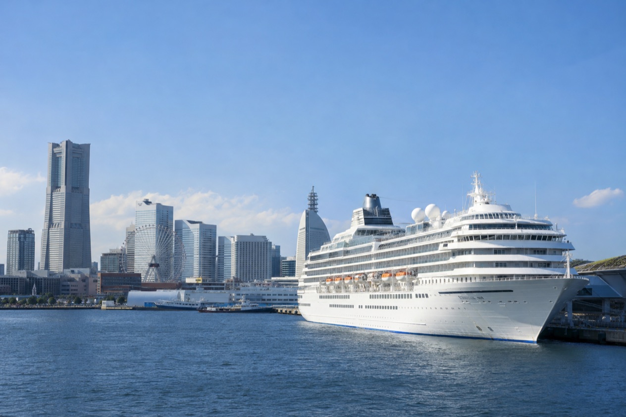 A cruise ship in a Japanese port