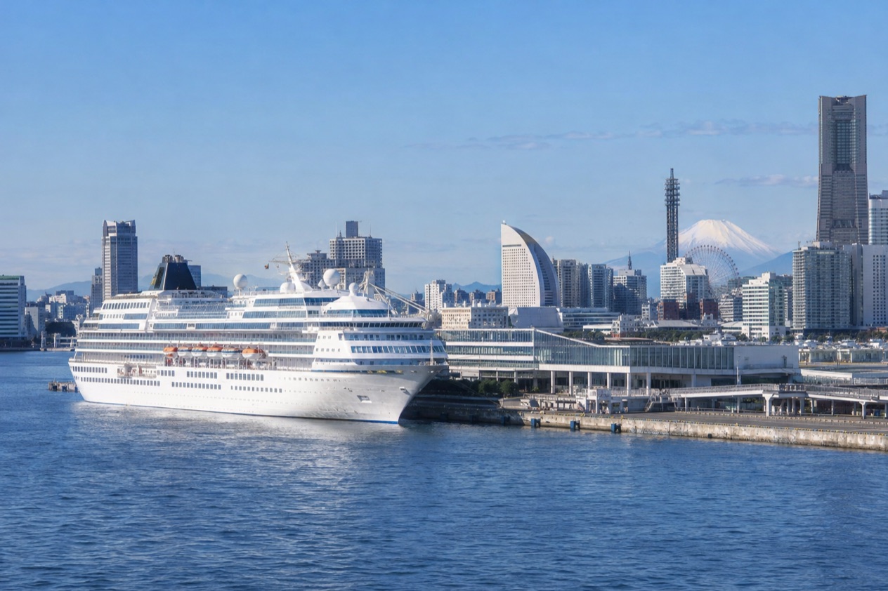 A cruise ship in a Japanese port