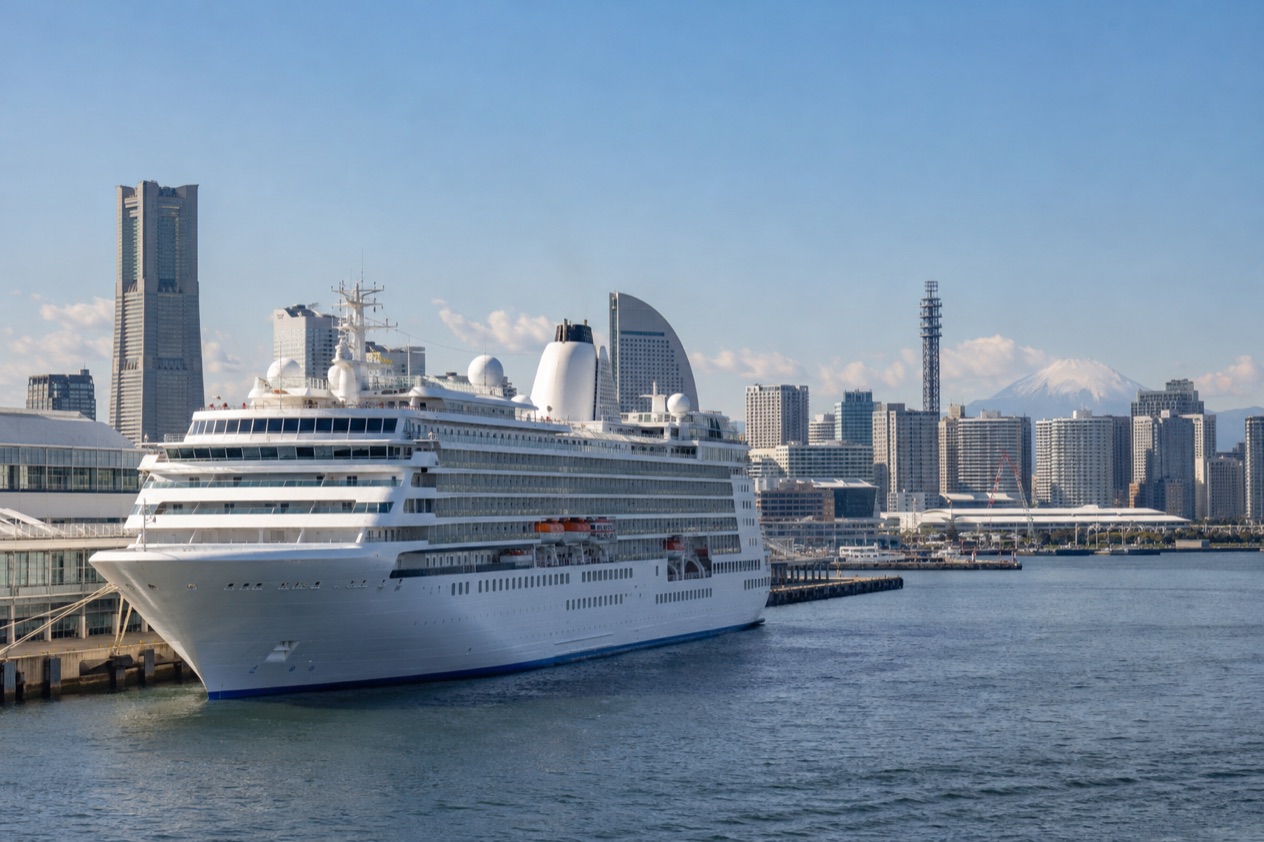 A cruise ship in a Japanese port