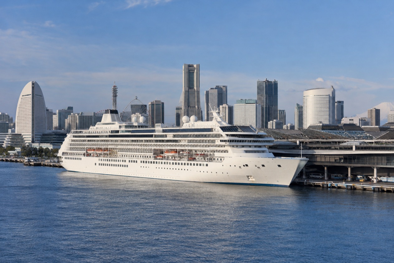 A cruise ship in a Japanese port